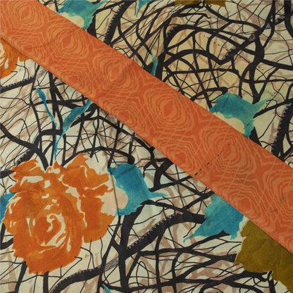 Sanskriti Vintage Sarees Ivory Pure Crepe Silk Printed Sari 5+yd Craft Fabric