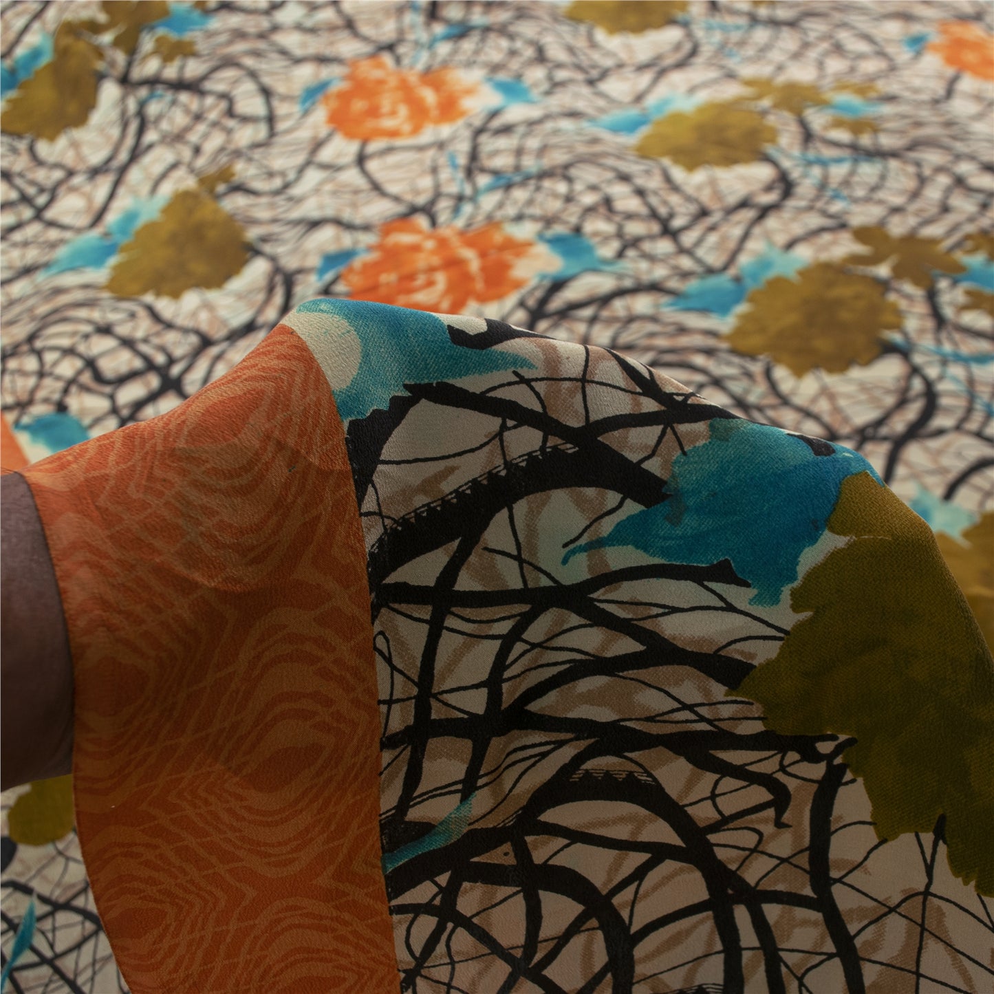 Sanskriti Vintage Sarees Ivory Pure Crepe Silk Printed Sari 5+yd Craft Fabric