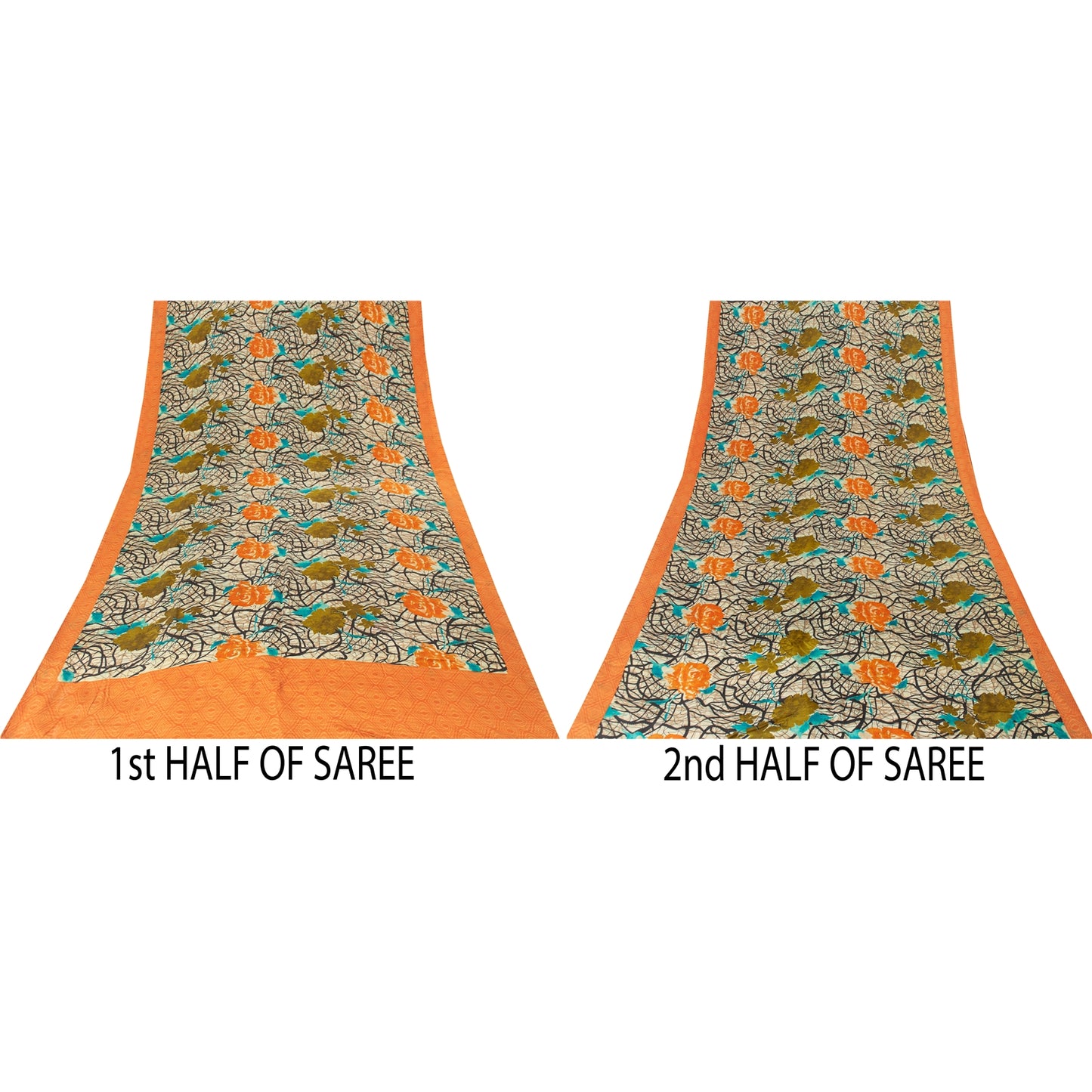 Sanskriti Vintage Sarees Ivory Pure Crepe Silk Printed Sari 5+yd Craft Fabric