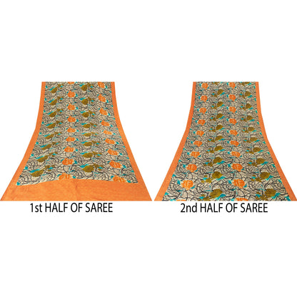 Sanskriti Vintage Sarees Ivory Pure Crepe Silk Printed Sari 5+yd Craft Fabric