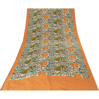 Sanskriti Vintage Sarees Ivory Pure Crepe Silk Printed Sari 5+yd Craft Fabric