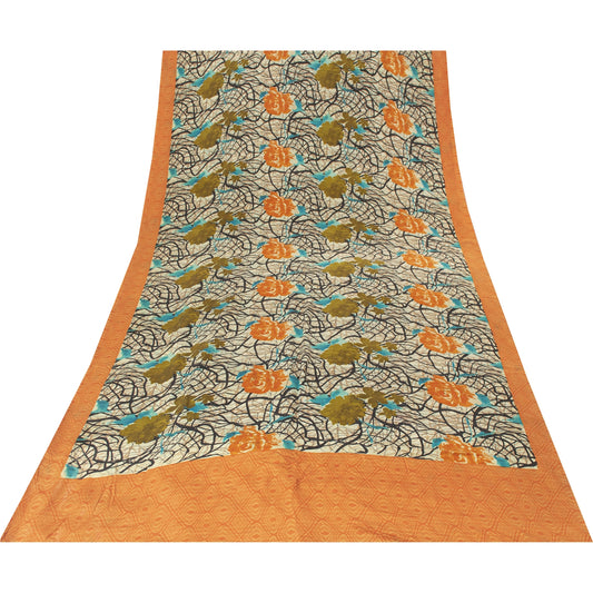 Sanskriti Vintage Sarees Ivory Pure Crepe Silk Printed Sari 5+yd Craft Fabric