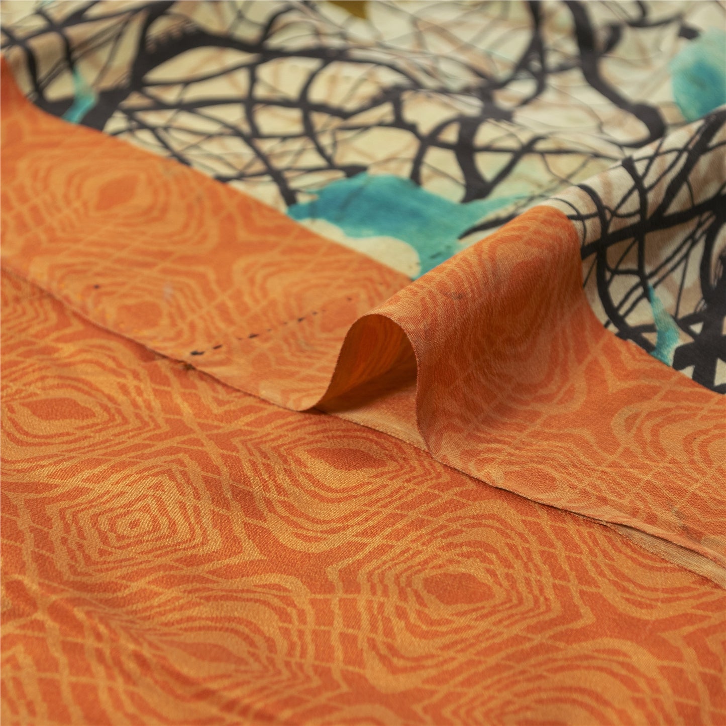 Sanskriti Vintage Sarees Ivory Pure Crepe Silk Printed Sari 5+yd Craft Fabric