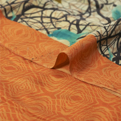 Sanskriti Vintage Sarees Ivory Pure Crepe Silk Printed Sari 5+yd Craft Fabric