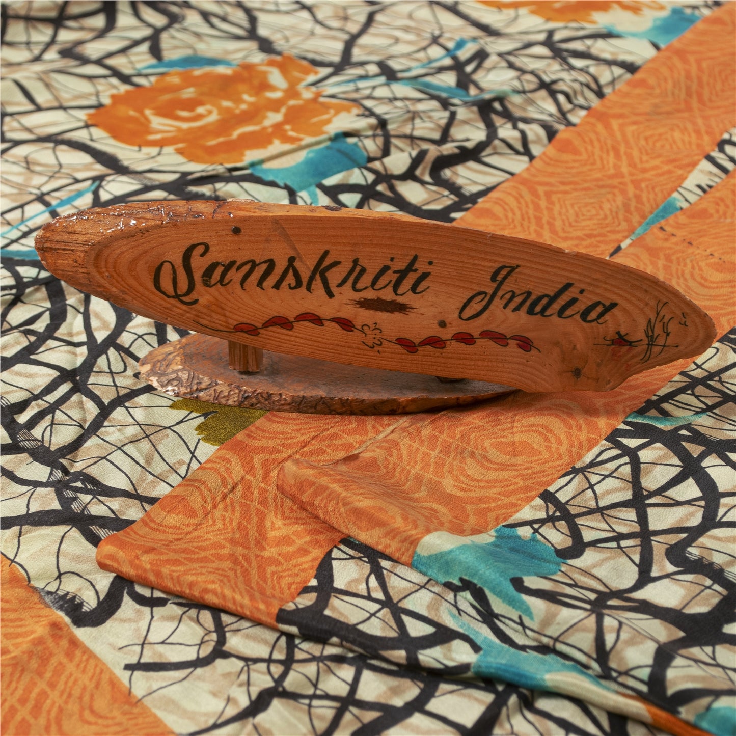 Sanskriti Vintage Sarees Ivory Pure Crepe Silk Printed Sari 5+yd Craft Fabric