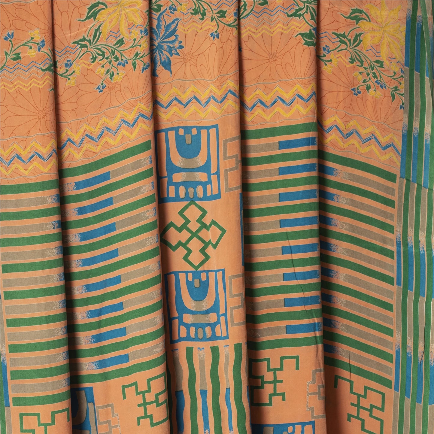 Sanskriti Vintage Sarees Peach Pure Crepe Silk Printed Sari 5+yd Craft Fabric