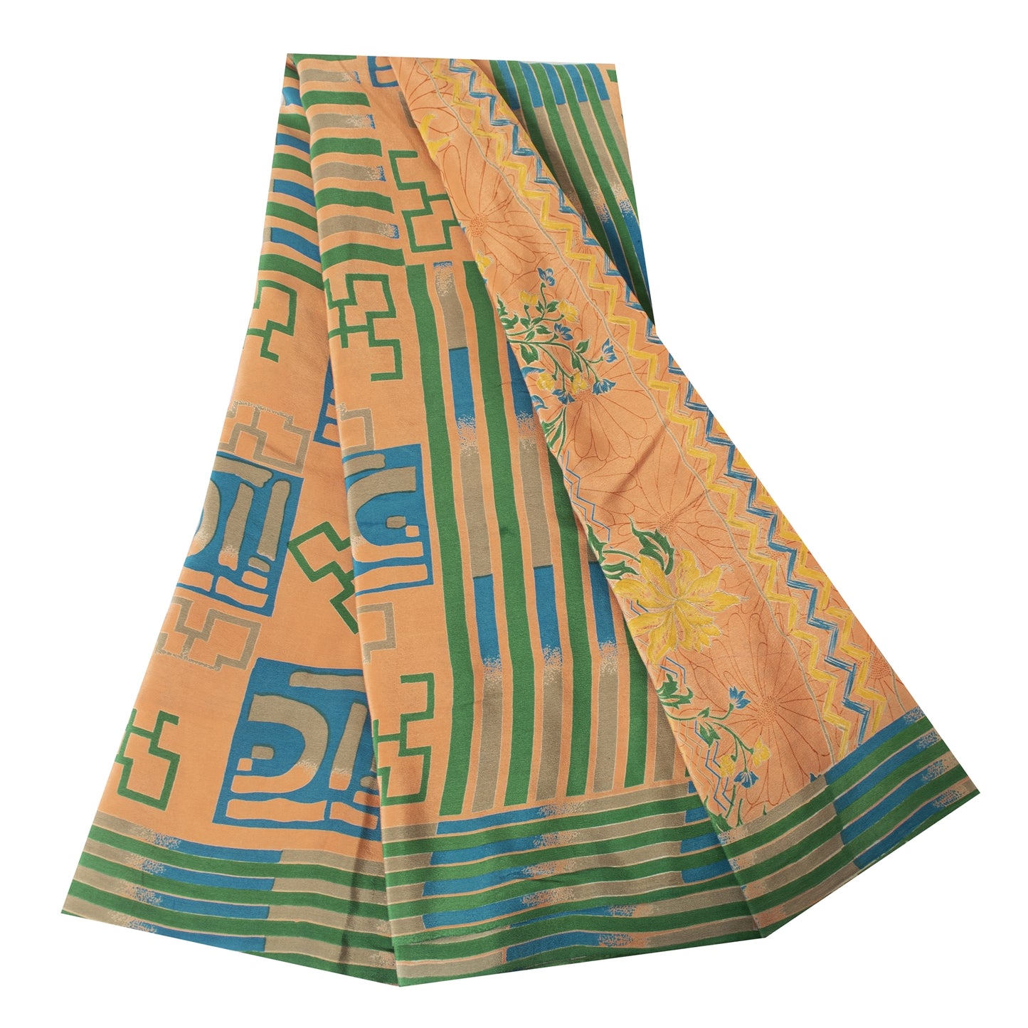 Sanskriti Vintage Sarees Peach Pure Crepe Silk Printed Sari 5+yd Craft Fabric