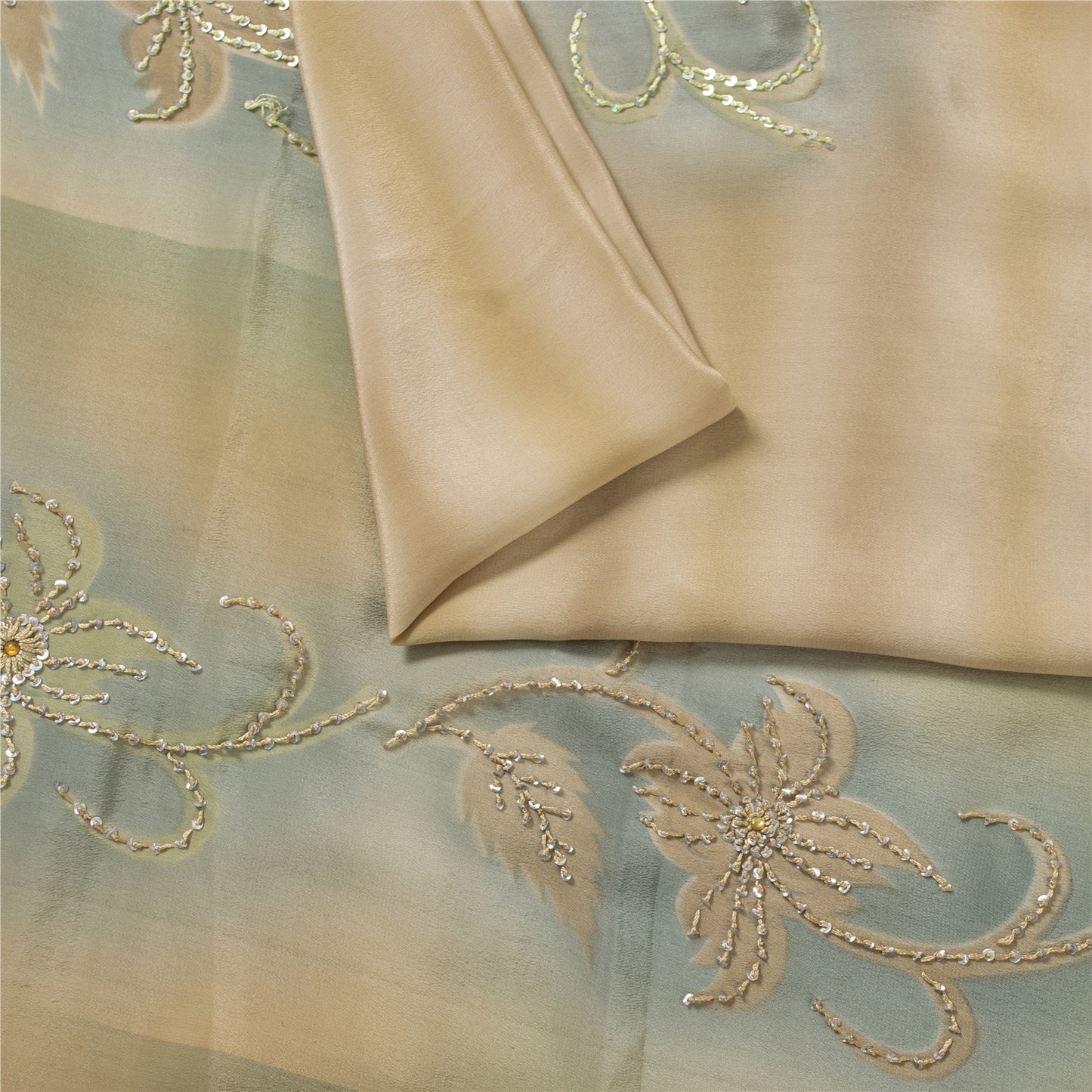 Sanskriti Vintage Sarees Peach Pure Crepe Hand Embroidered Sari 6+yd Fabric