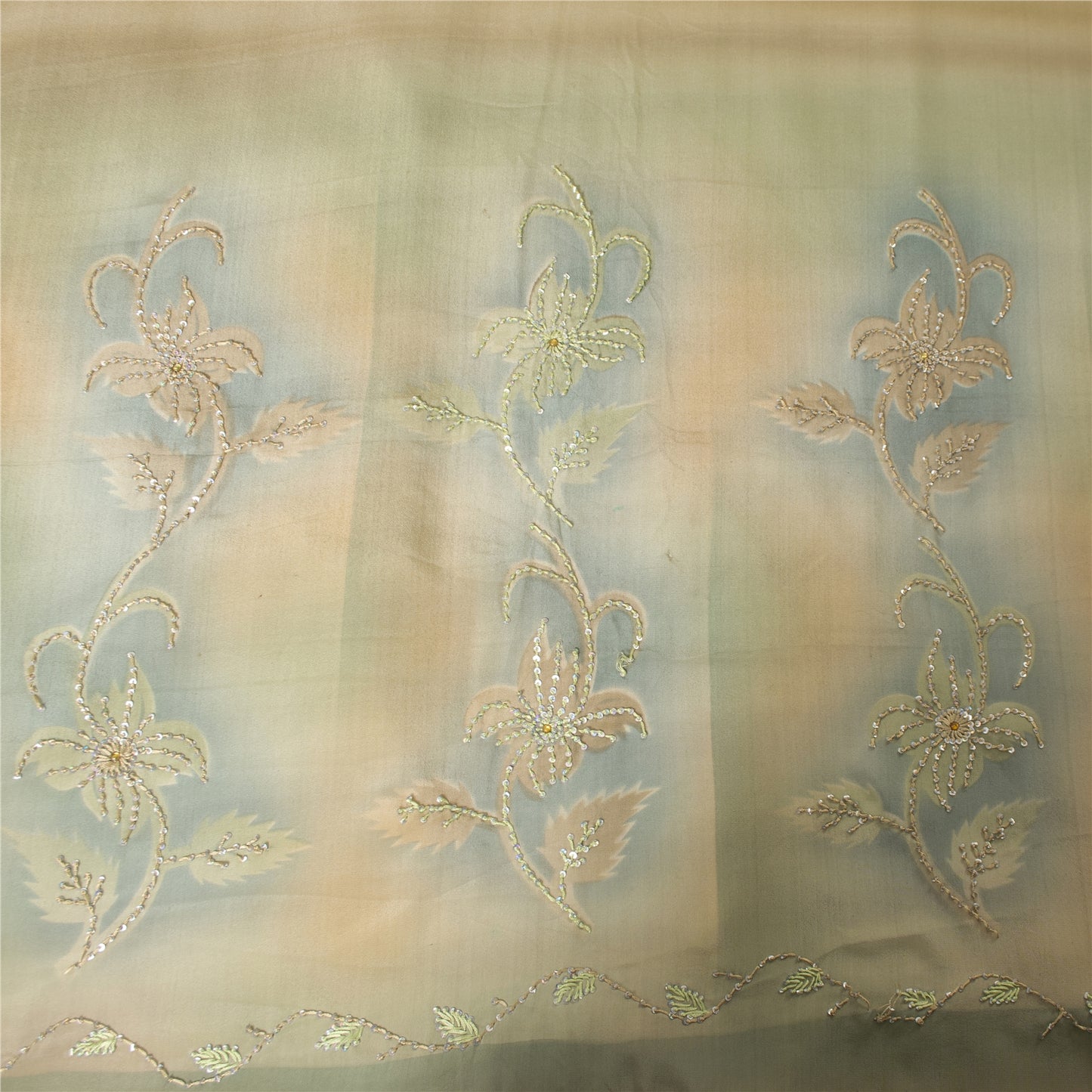 Sanskriti Vintage Sarees Peach Pure Crepe Hand Embroidered Sari 6+yd Fabric