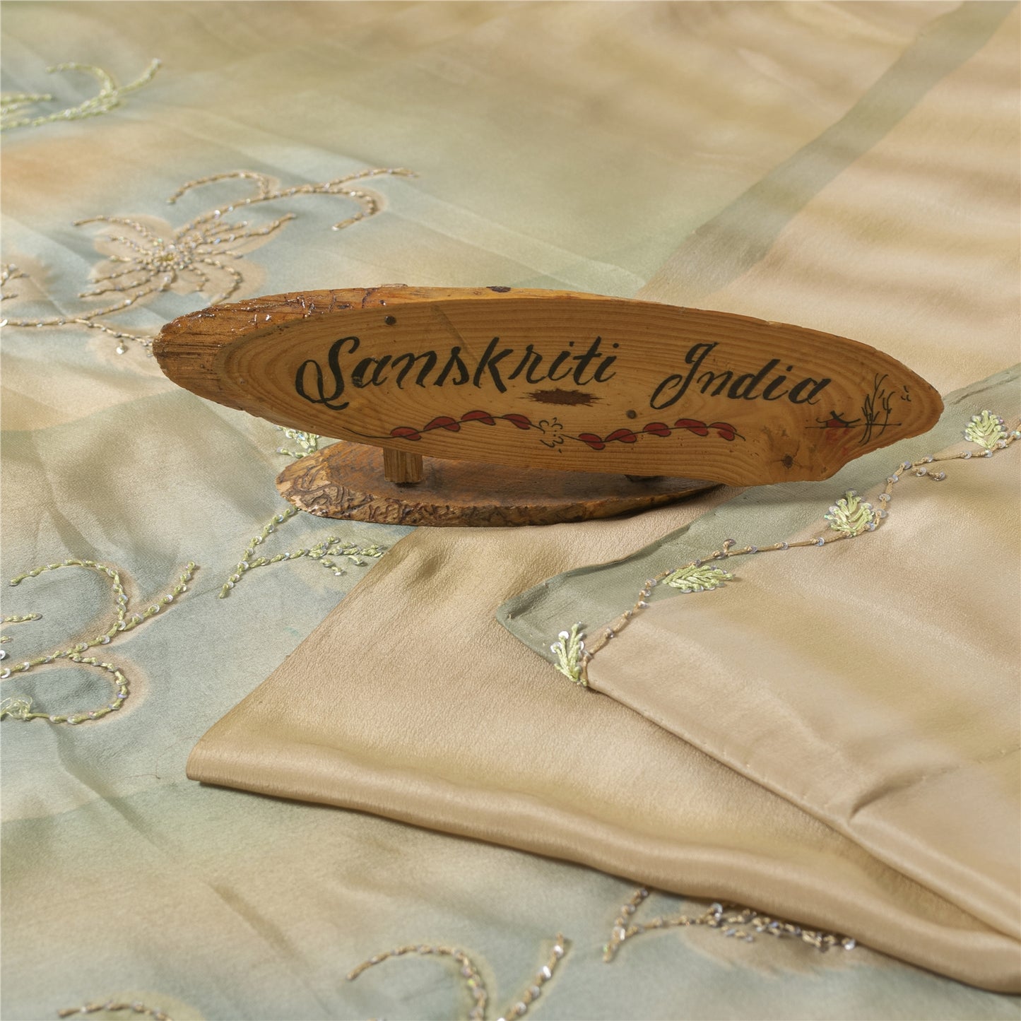 Sanskriti Vintage Sarees Peach Pure Crepe Hand Embroidered Sari 6+yd Fabric