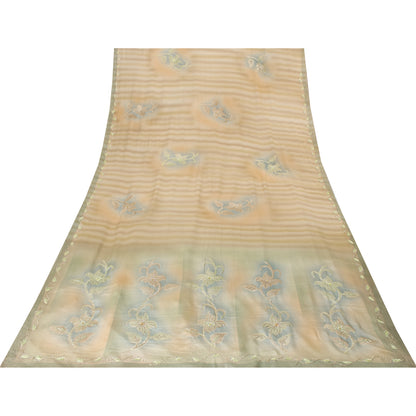 Sanskriti Vintage Sarees Peach Pure Crepe Hand Embroidered Sari 6+yd Fabric