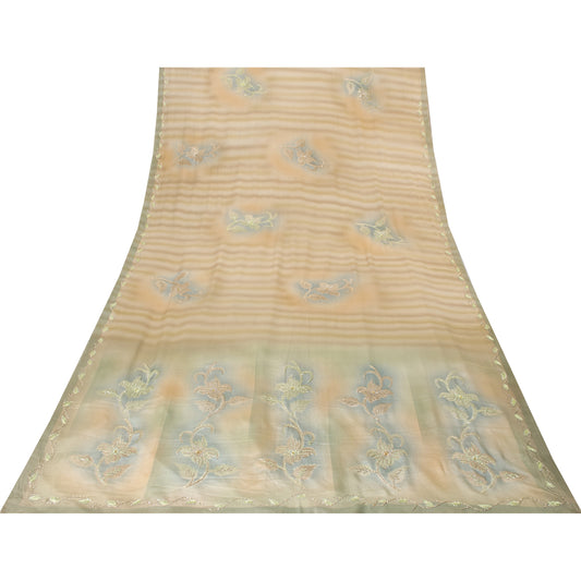 Sanskriti Vintage Sarees Peach Pure Crepe Hand Embroidered Sari 6+yd Fabric