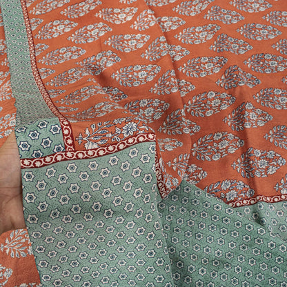 Sanskriti Vintage Saree Peach-Blue Pure Crepe Floral Print Sari 5.5+Yard Fabric