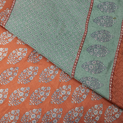 Sanskriti Vintage Saree Peach-Blue Pure Crepe Floral Print Sari 5.5+Yard Fabric