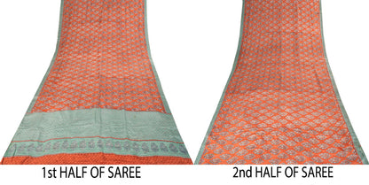 Sanskriti Vintage Saree Peach-Blue Pure Crepe Floral Print Sari 5.5+Yard Fabric
