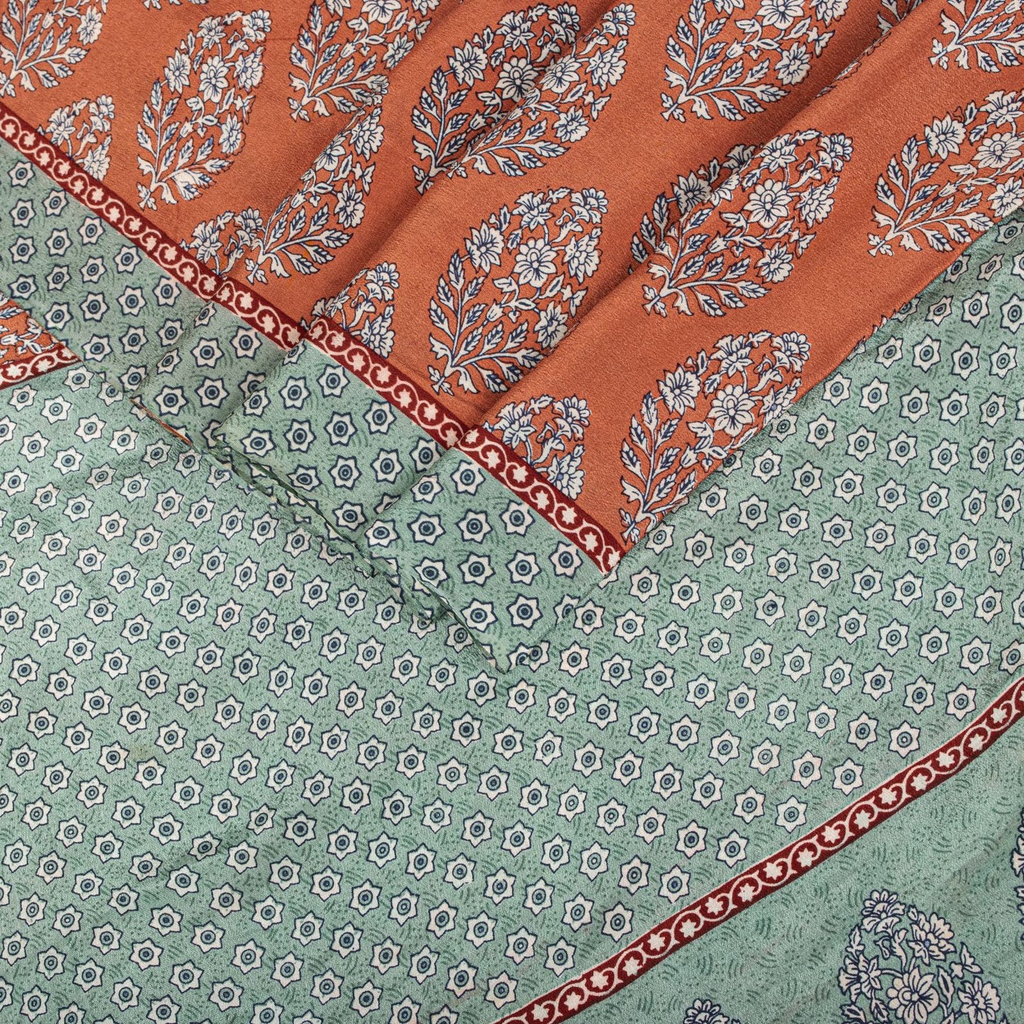 Sanskriti Vintage Saree Peach-Blue Pure Crepe Floral Print Sari 5.5+Yard Fabric