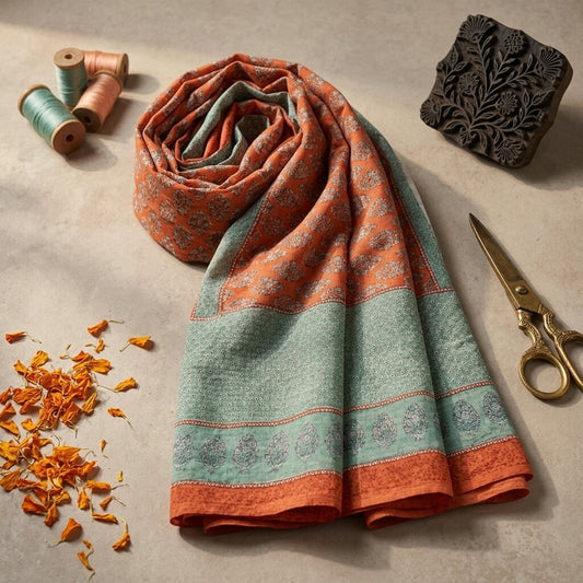 Sanskriti Vintage Saree Peach-Blue Pure Crepe Floral Print Sari 5.5+Yard Fabric