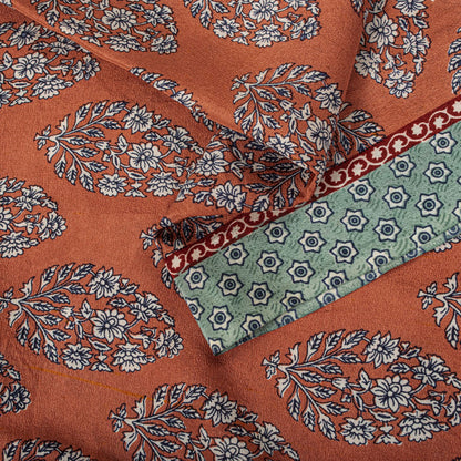 Sanskriti Vintage Saree Peach-Blue Pure Crepe Floral Print Sari 5.5+Yard Fabric