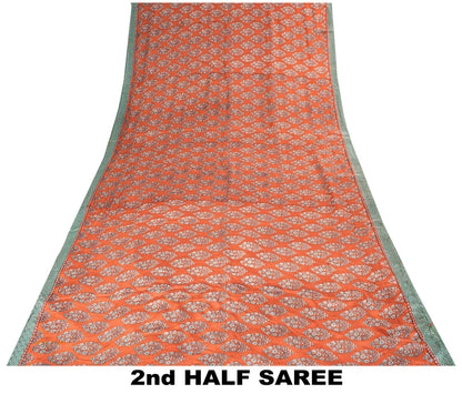 Sanskriti Vintage Saree Peach-Blue Pure Crepe Floral Print Sari 5.5+Yard Fabric