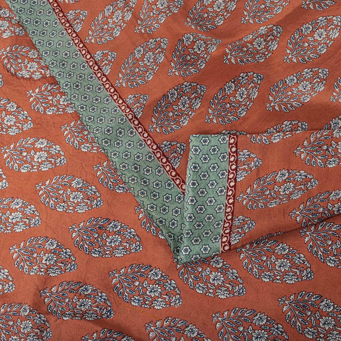 Sanskriti Vintage Saree Peach-Blue Pure Crepe Floral Print Sari 5.5+Yard Fabric