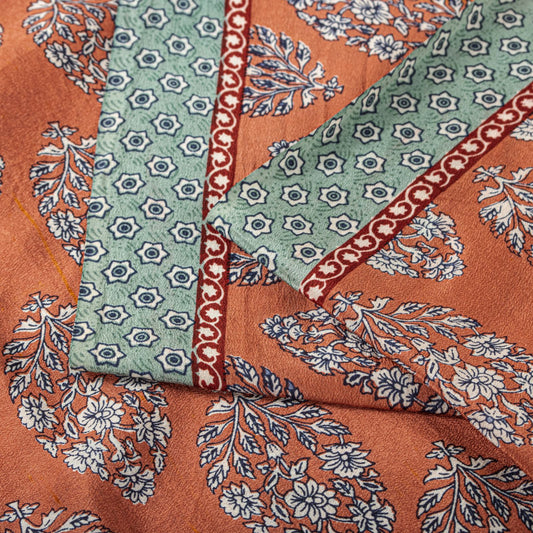 Sanskriti Vintage Saree Peach-Blue Pure Crepe Floral Print Sari 5.5+Yard Fabric