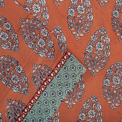 Sanskriti Vintage Saree Peach-Blue Pure Crepe Floral Print Sari 5.5+Yard Fabric