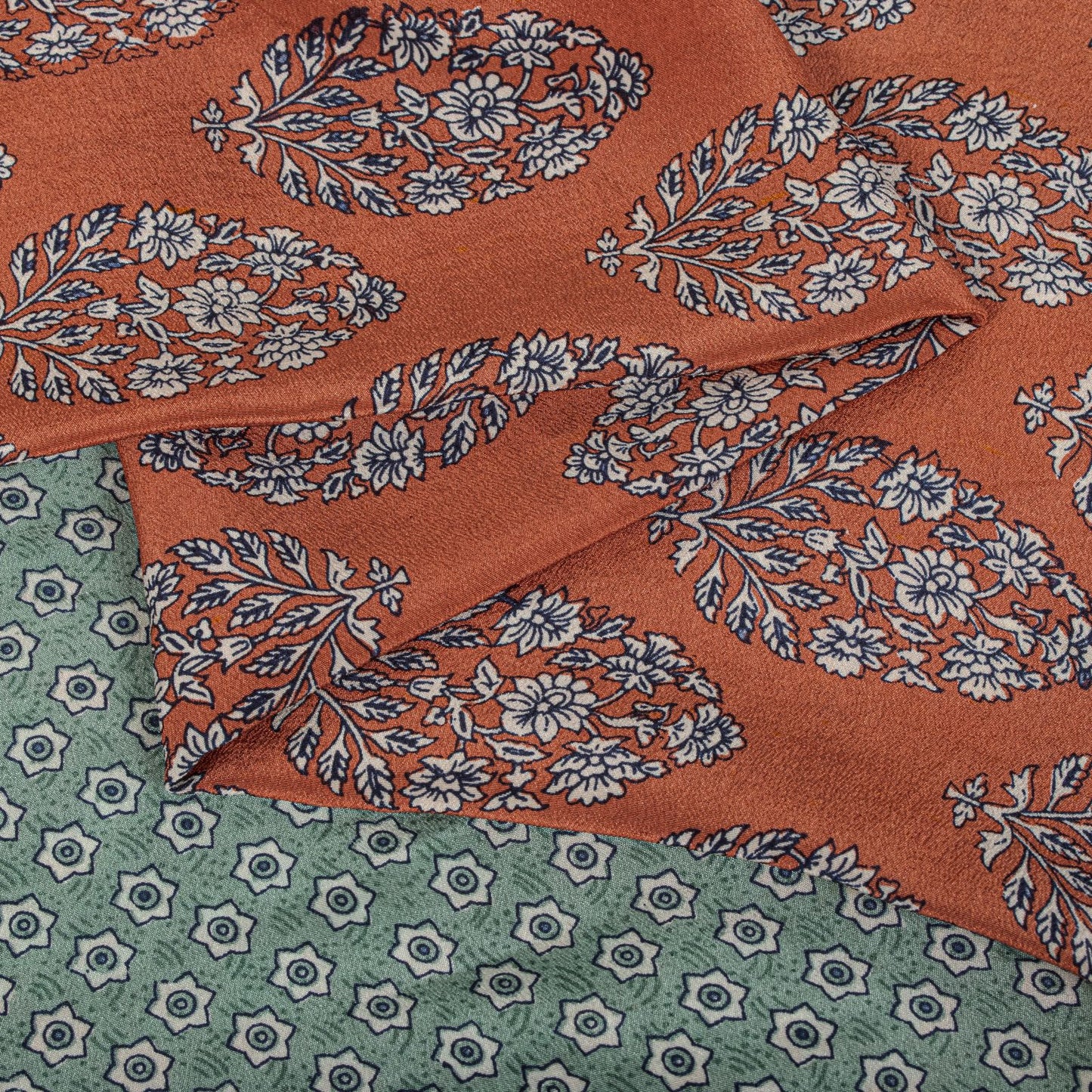 Sanskriti Vintage Saree Peach-Blue Pure Crepe Floral Print Sari 5.5+Yard Fabric
