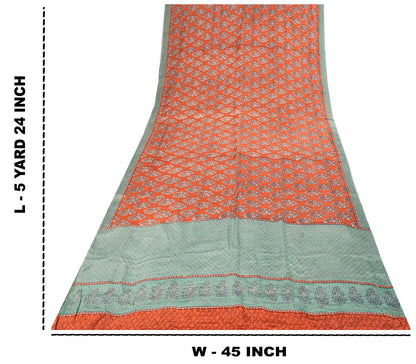 Sanskriti Vintage Saree Peach-Blue Pure Crepe Floral Print Sari 5.5+Yard Fabric