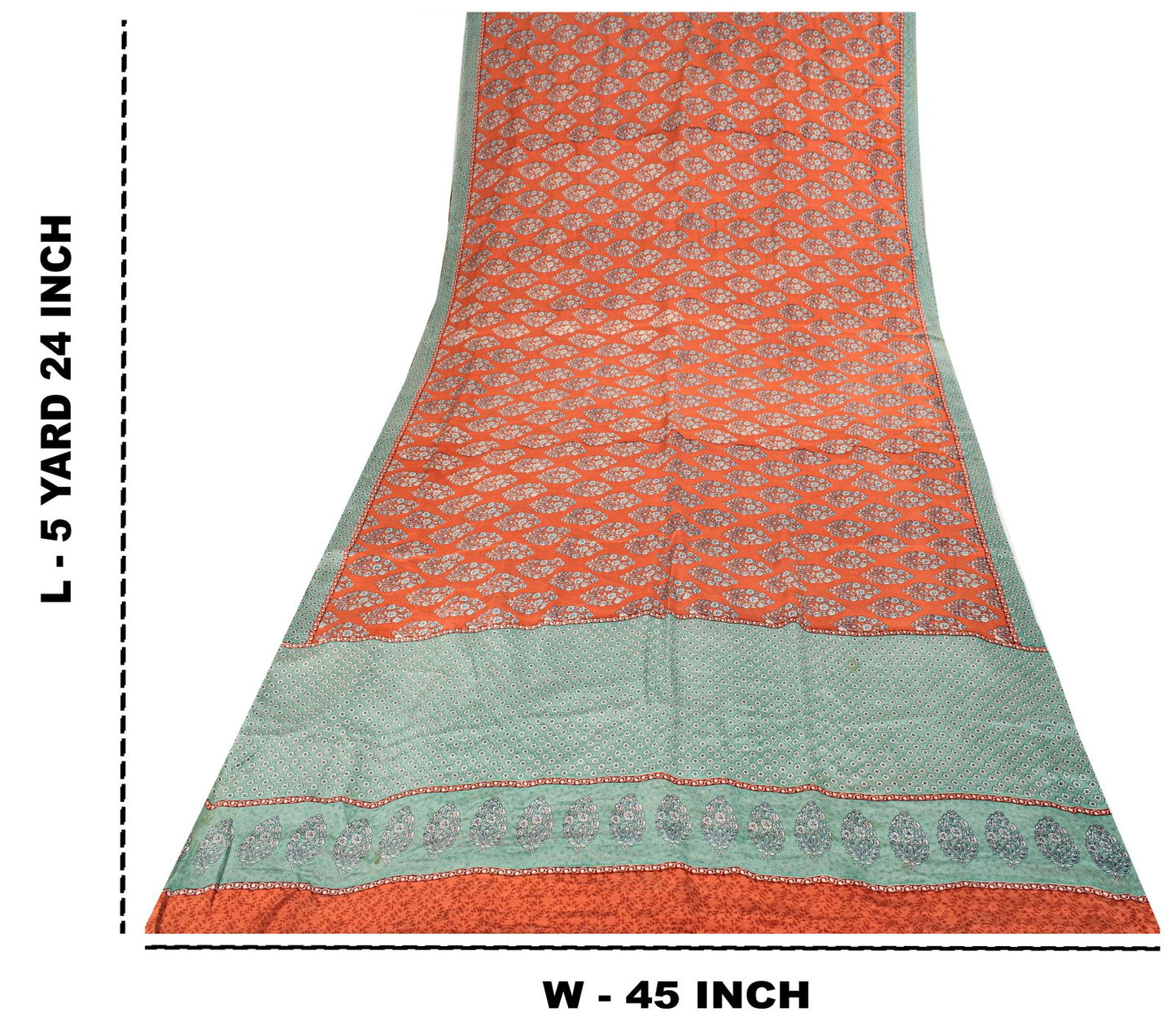 Sanskriti Vintage Saree Peach-Blue Pure Crepe Floral Print Sari 5.5+Yard Fabric