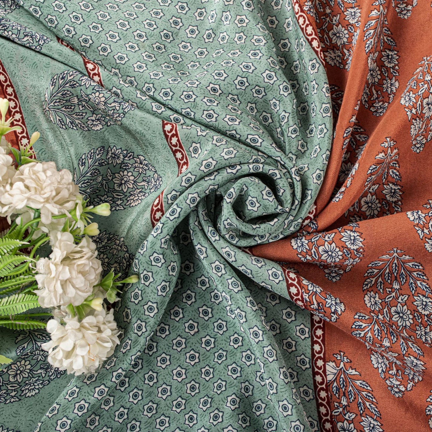 Sanskriti Vintage Saree Peach-Blue Pure Crepe Floral Print Sari 5.5+Yard Fabric