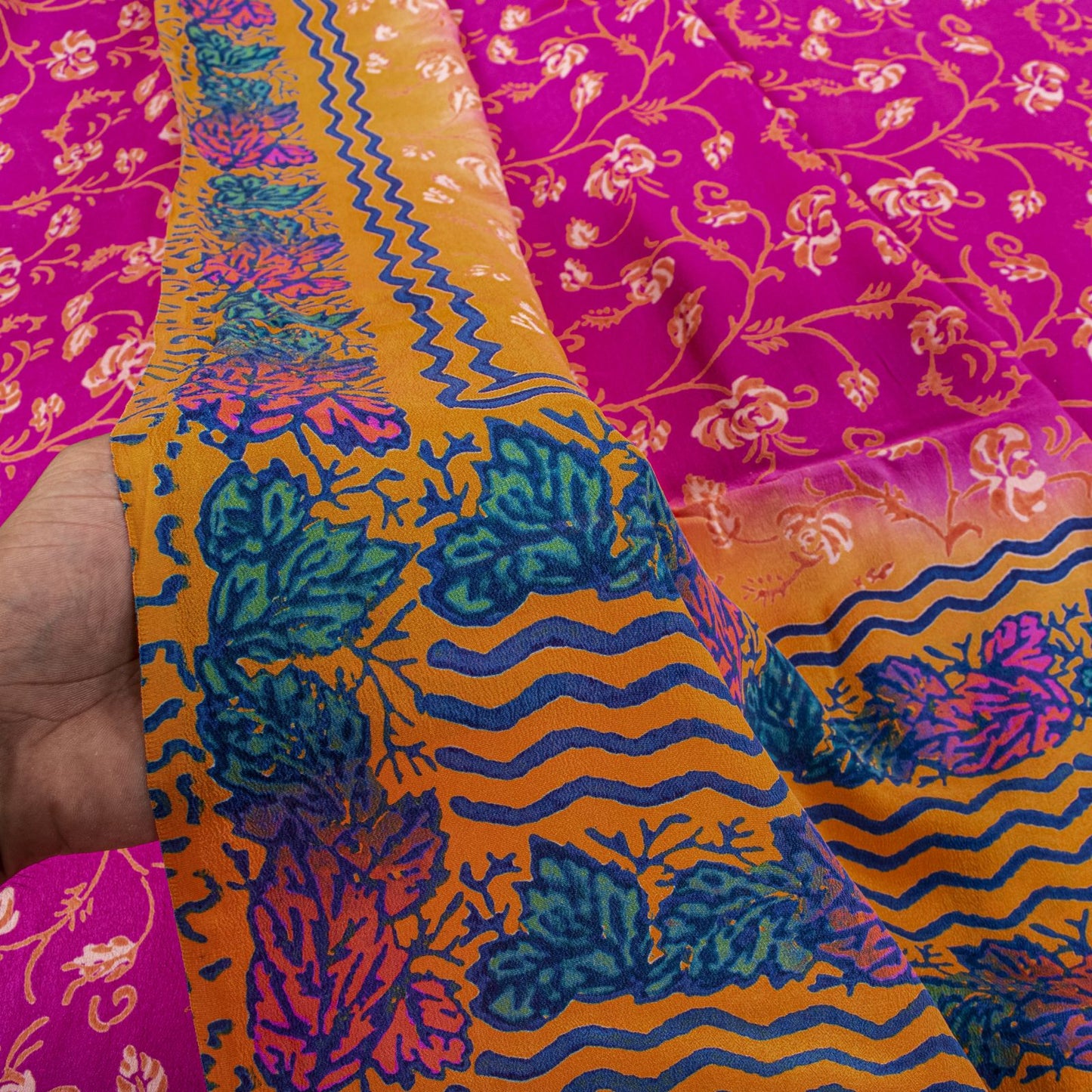 Sanskriti Vintage Saree Pink Pure Crepe Floral Print Indian Sari 5.5+Yard Fabric