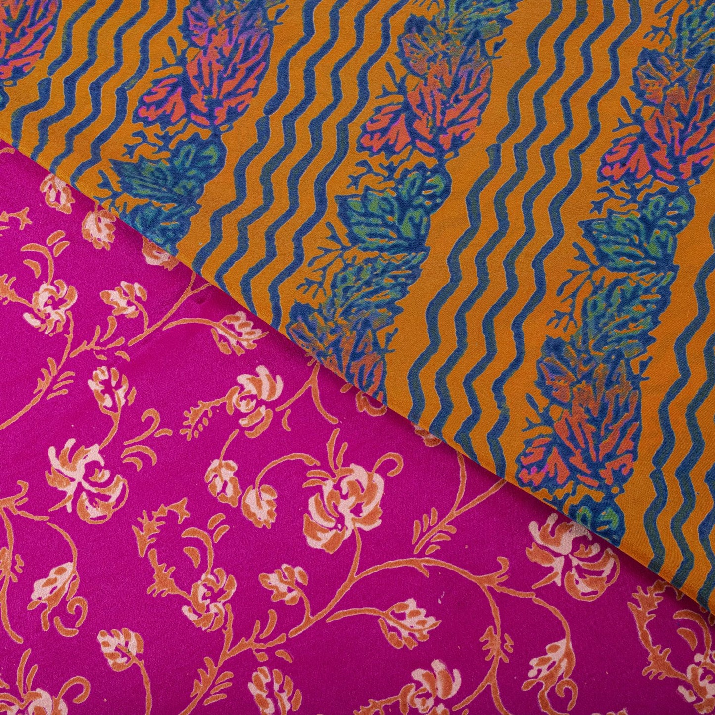 Sanskriti Vintage Saree Pink Pure Crepe Floral Print Indian Sari 5.5+Yard Fabric