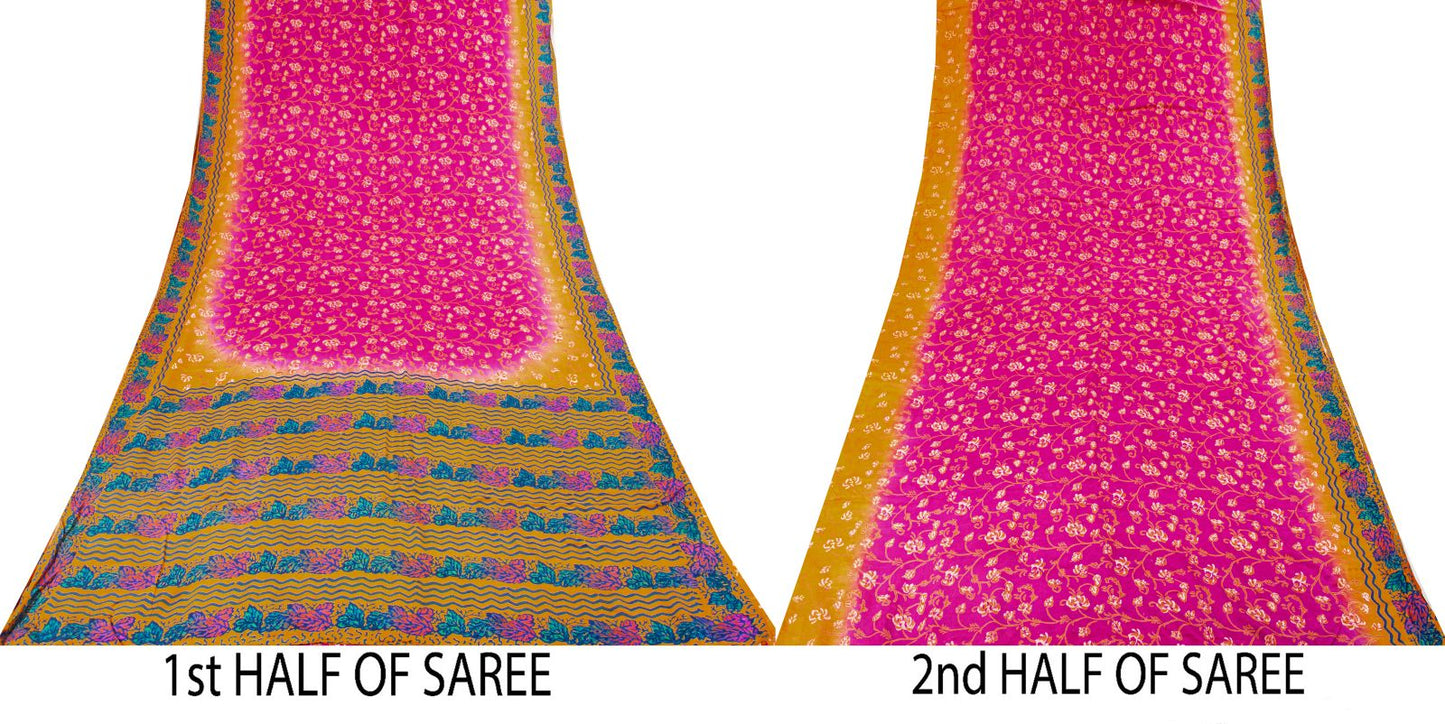Sanskriti Vintage Saree Pink Pure Crepe Floral Print Indian Sari 5.5+Yard Fabric