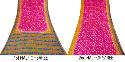 Sanskriti Vintage Saree Pink Pure Crepe Floral Print Indian Sari 5.5+Yard Fabric