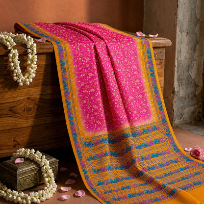 Sanskriti Vintage Saree Pink Pure Crepe Floral Print Indian Sari 5.5+Yard Fabric