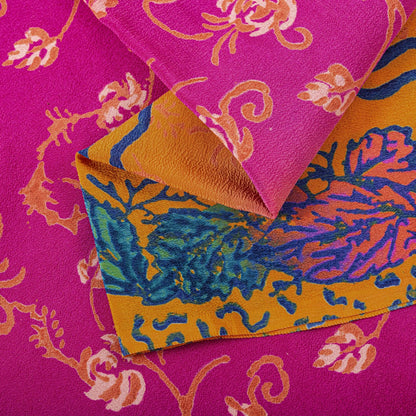 Sanskriti Vintage Saree Pink Pure Crepe Floral Print Indian Sari 5.5+Yard Fabric