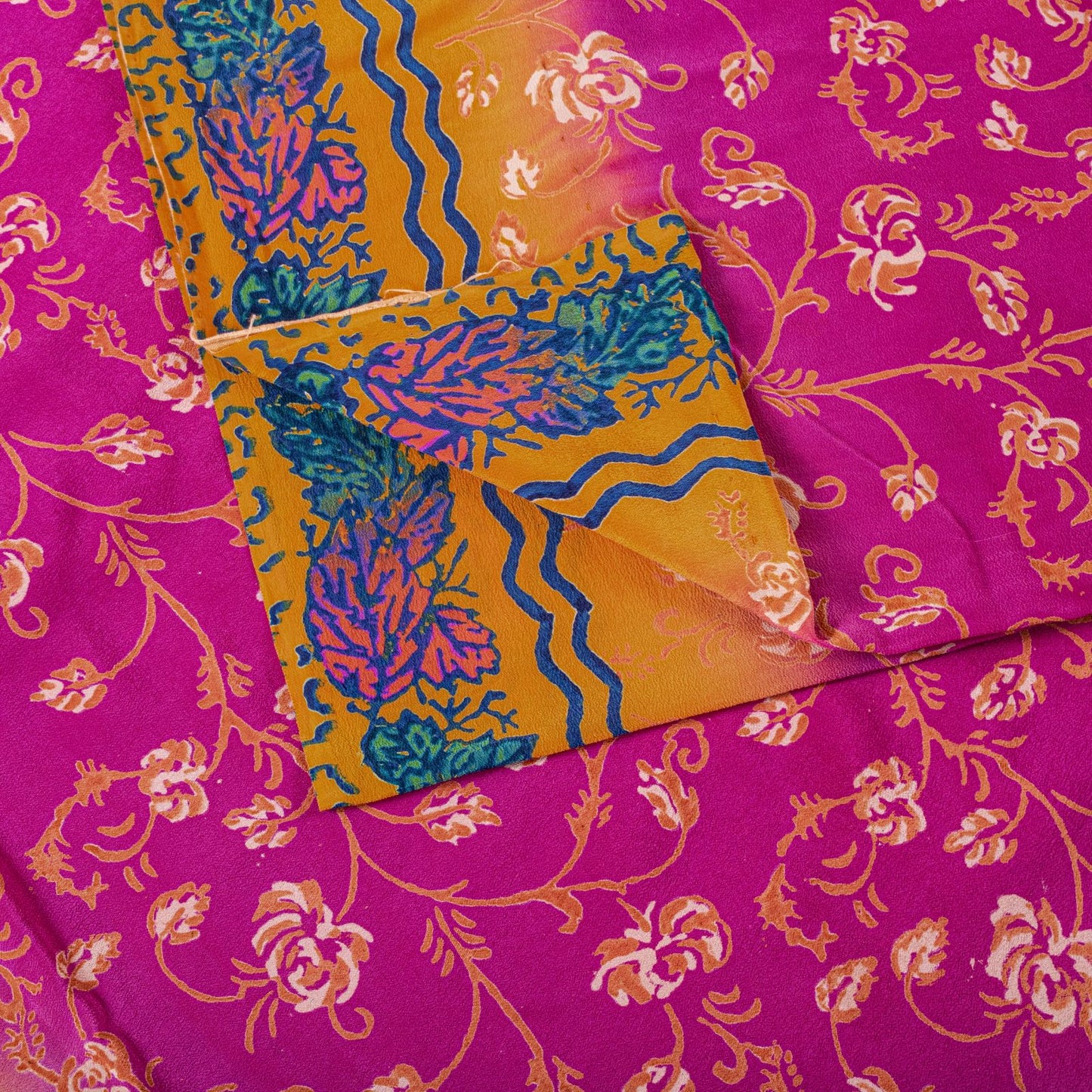 Sanskriti Vintage Saree Pink Pure Crepe Floral Print Indian Sari 5.5+Yard Fabric