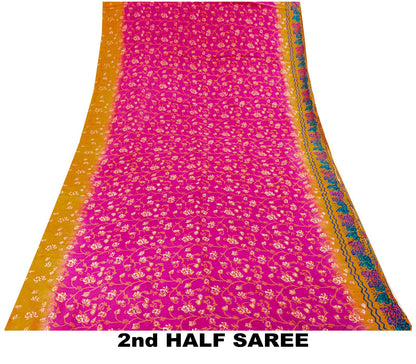 Sanskriti Vintage Saree Pink Pure Crepe Floral Print Indian Sari 5.5+Yard Fabric