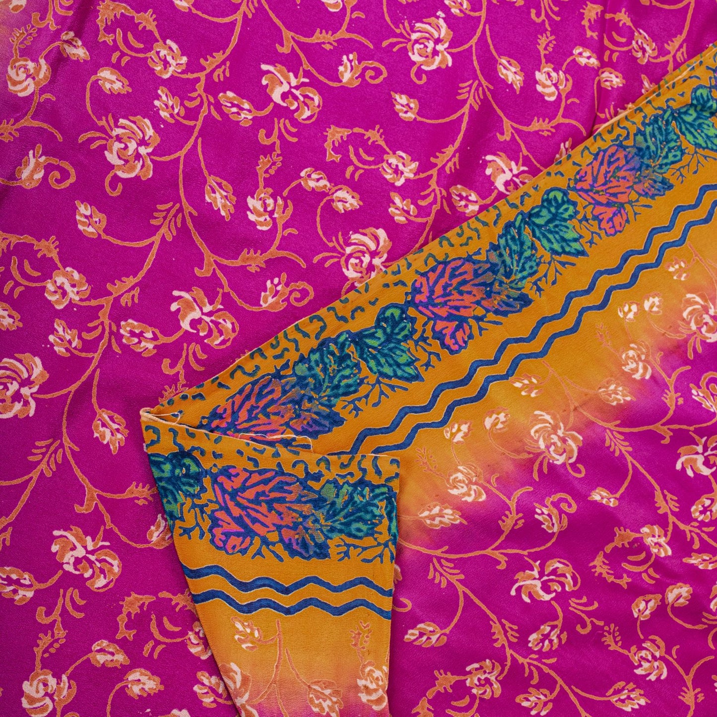 Sanskriti Vintage Saree Pink Pure Crepe Floral Print Indian Sari 5.5+Yard Fabric