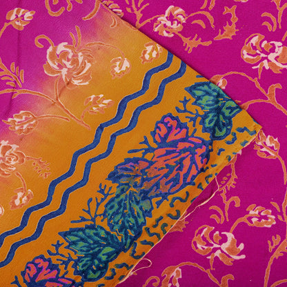Sanskriti Vintage Saree Pink Pure Crepe Floral Print Indian Sari 5.5+Yard Fabric