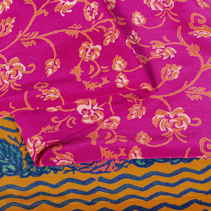 Sanskriti Vintage Saree Pink Pure Crepe Floral Print Indian Sari 5.5+Yard Fabric