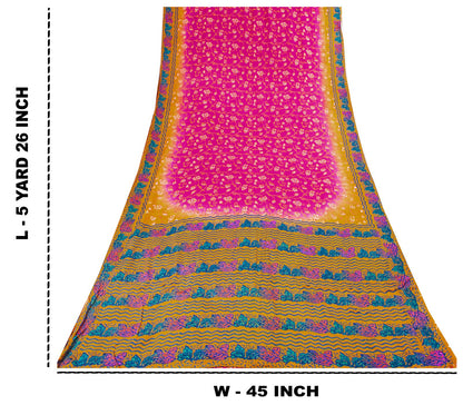 Sanskriti Vintage Saree Pink Pure Crepe Floral Print Indian Sari 5.5+Yard Fabric