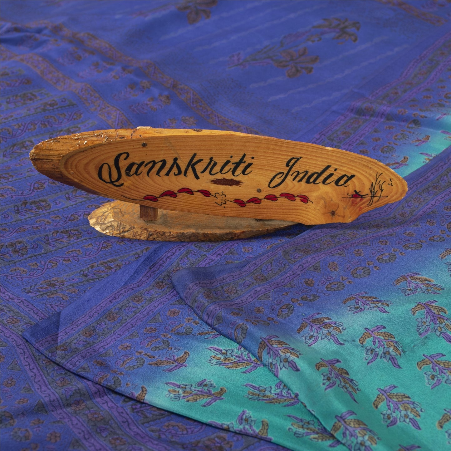 Sanskriti Vintage Sarees Green & Blue 100% Pure Crepe Floral Printed 5+YD Sari