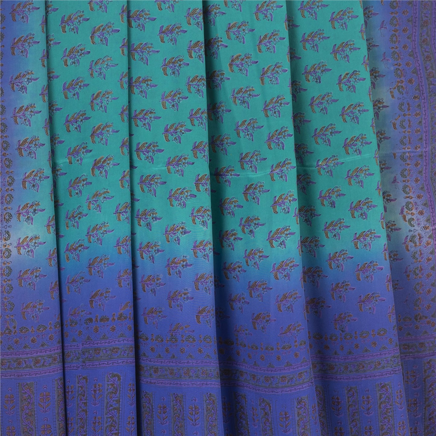 Sanskriti Vintage Sarees Green & Blue 100% Pure Crepe Floral Printed 5+YD Sari