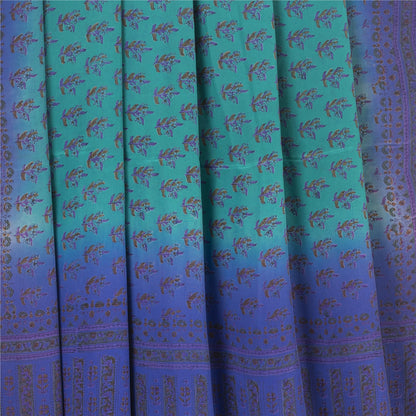 Sanskriti Vintage Sarees Green & Blue 100% Pure Crepe Floral Printed 5+YD Sari