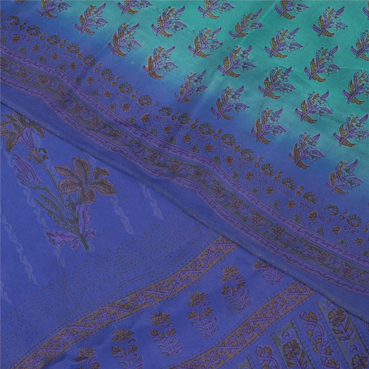 Sanskriti Vintage Sarees Green & Blue 100% Pure Crepe Floral Printed 5+YD Sari