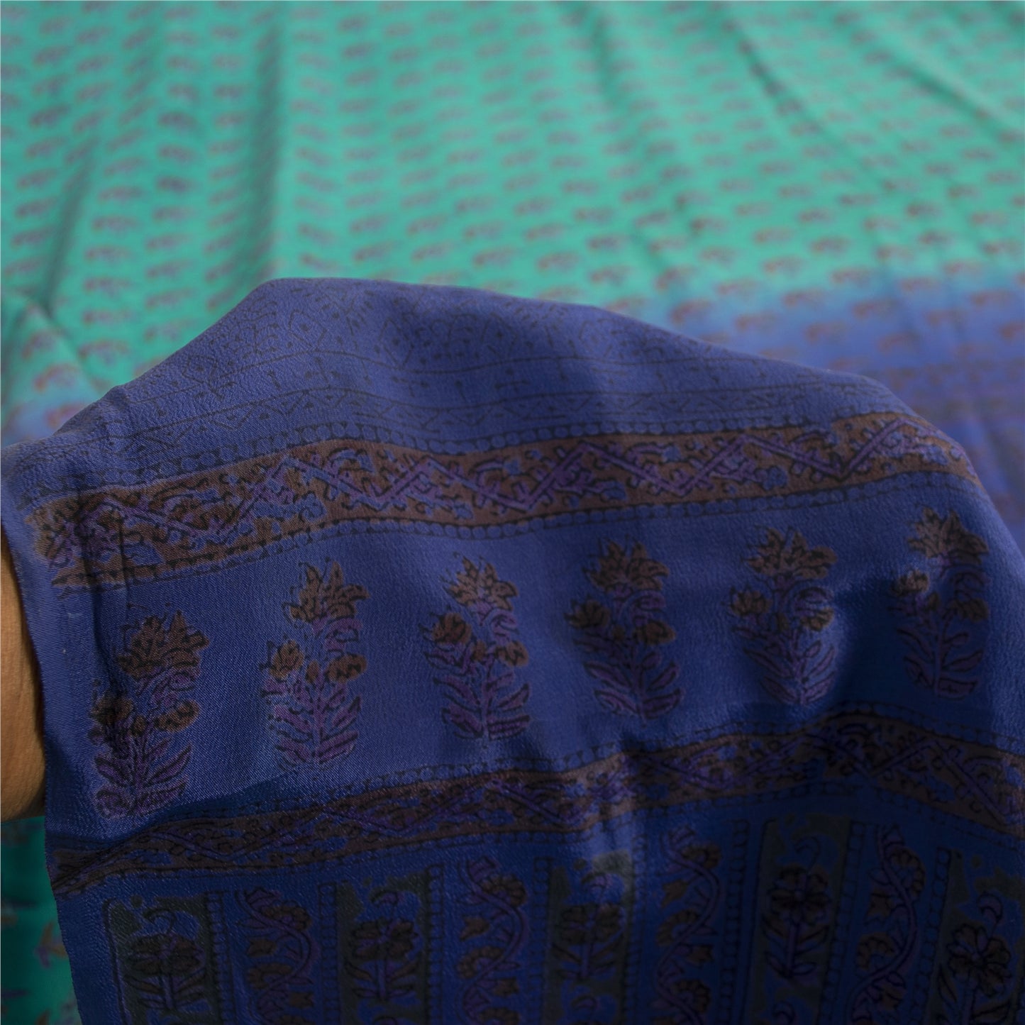 Sanskriti Vintage Sarees Green & Blue 100% Pure Crepe Floral Printed 5+YD Sari