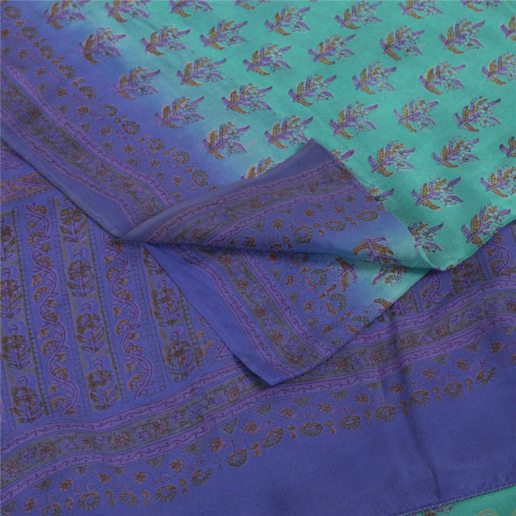 Sanskriti Vintage Sarees Green & Blue 100% Pure Crepe Floral Printed 5+YD Sari