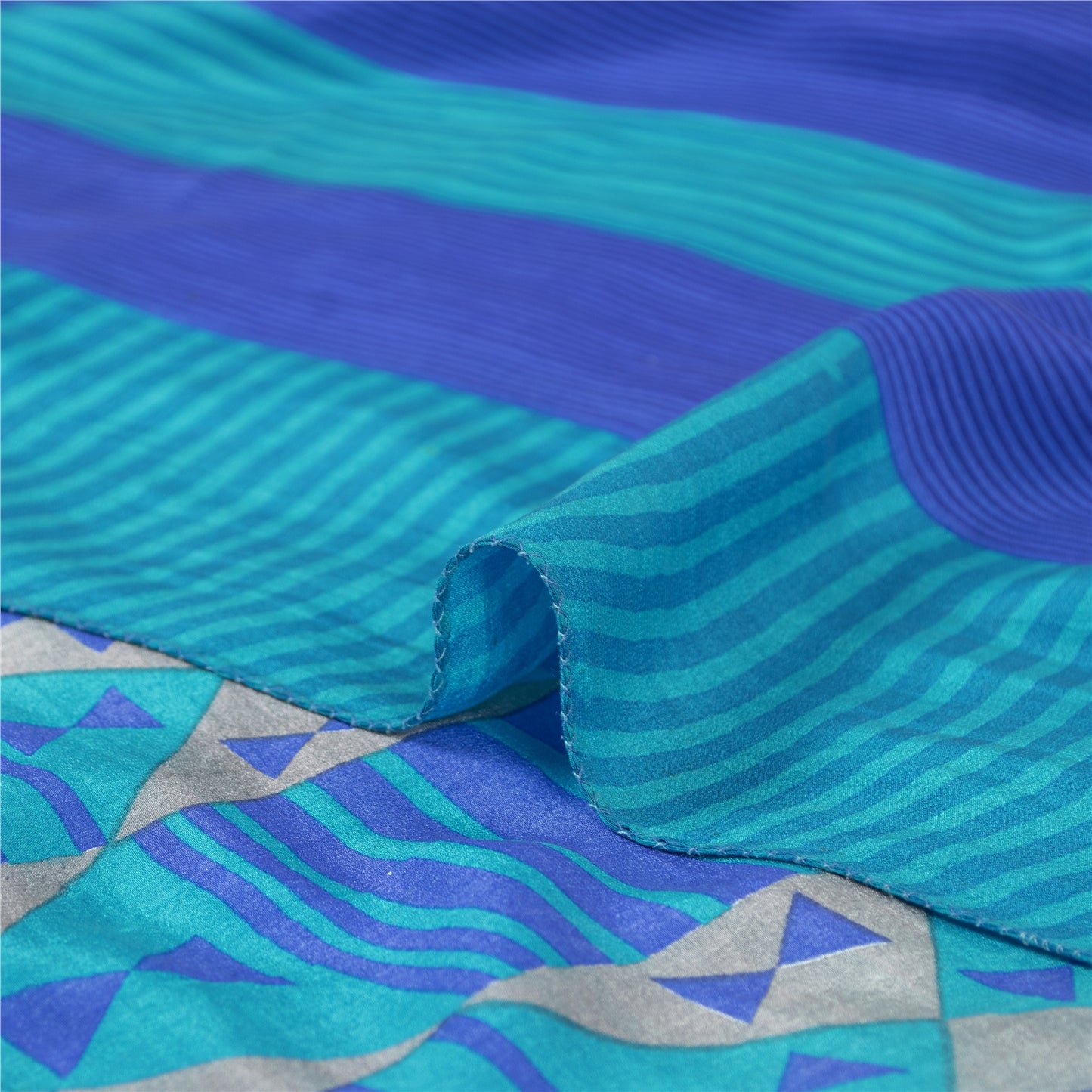 Sanskriti Vintage Sarees Blue 100% Pure Crepe Geometric Print 5+YD Textile Sari