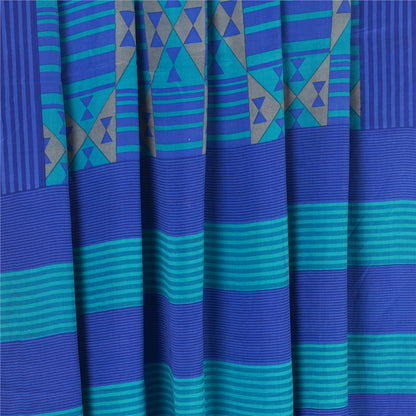 Sanskriti Vintage Sarees Blue 100% Pure Crepe Geometric Print 5+YD Textile Sari